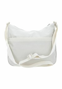 Weiße Messenger-Tasche aus strukturiertem Stoff mit verstellbarem Riemen, Reißverschluss und Fronttasche. Glatte Oberfläche mit minimalen Details.