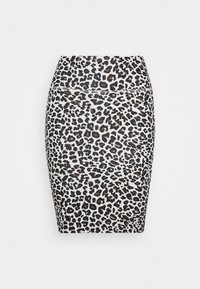 Leopardmuster Bleistiftrock, dehnbares Gewebe, figurbetonte Form, hohe Taille, mit schwarzen, braunen und beigen Flecken auf weißem Hintergrund.
