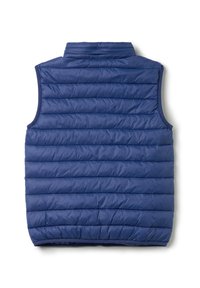 Gilet rembourré bleu marine avec un col montant, présentant une texture matelassée et des coutures horizontales au dos, sans manches et avec une finition lisse.
