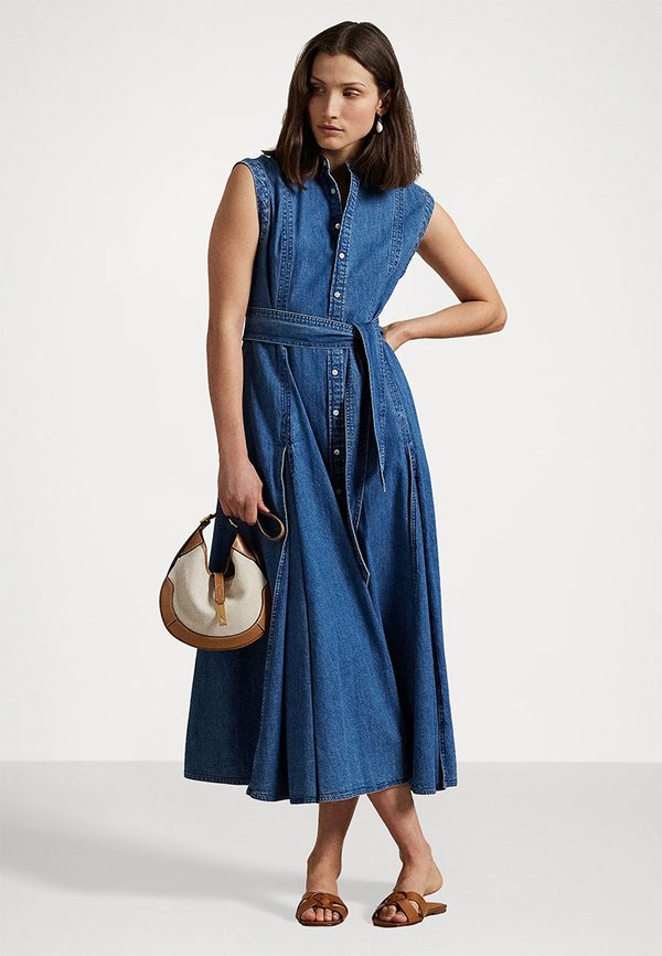 BELTED DENIM SLEEVELESS A-LINE DRESS - Denim dress - indigo3