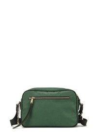 Borsa a tracolla verde con texture, hardware dorato, tasca frontale con zip, tracolla regolabile e forma rettangolare. Finitura liscia.