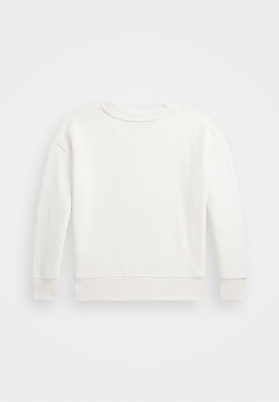 Vit sweatshirt med långa ärmar, rund halsringning och ribbad mudd. Slät textur och minimalistisk design utan synliga mönster eller detaljer.