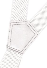 White suspenders featuring a textured fabric with a smooth leather patch at the junction, stitched with a matching white thread.