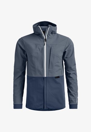 Herren Softshell-Jacke in Marineblau mit Zweifarbendesign, Frontreißverschluss, hohem Kragen, Brusttaschen und langen Ärmeln.