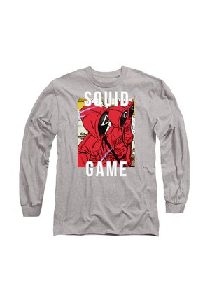 Gray long-sleeve shirt featuring a graphic of two figures in red hooded outfits with masks, labeled "SQUAD GAME" in bold white text.