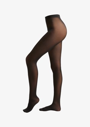 Tights negros transparentes con una textura suave y una cintura elástica alta. El diseño cubre las piernas desde la cintura hasta los dedos de los pies.