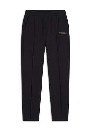 Pantaloni neri con una cintura elastica, due tasche laterali e un logo ricamato in oro. Presentano pieghe verticali per un aspetto sartoriale.