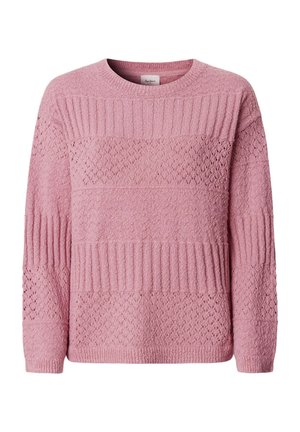 Rosa Strickpullover mit gemischten strukturierten Mustern, langen Ärmeln und rundem Ausschnitt.