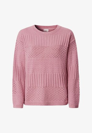 Jersey de punto rosa con patrones texturizados mixtos, mangas largas y cuello redondo.