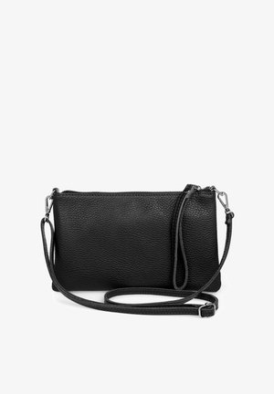 Black leather clutch bag with a textured surface, zip closure, and an adjustable strap. Features silver-tone hardware and minimalist design.