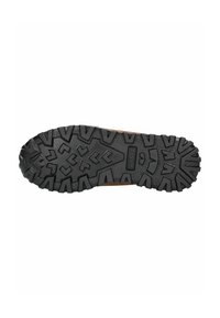 Černá gumová podrážka s hlubokým, ostrým vzorem pro lepší přilnavost. Obsahuje embosované logo. Pevná textura s drsným designem.