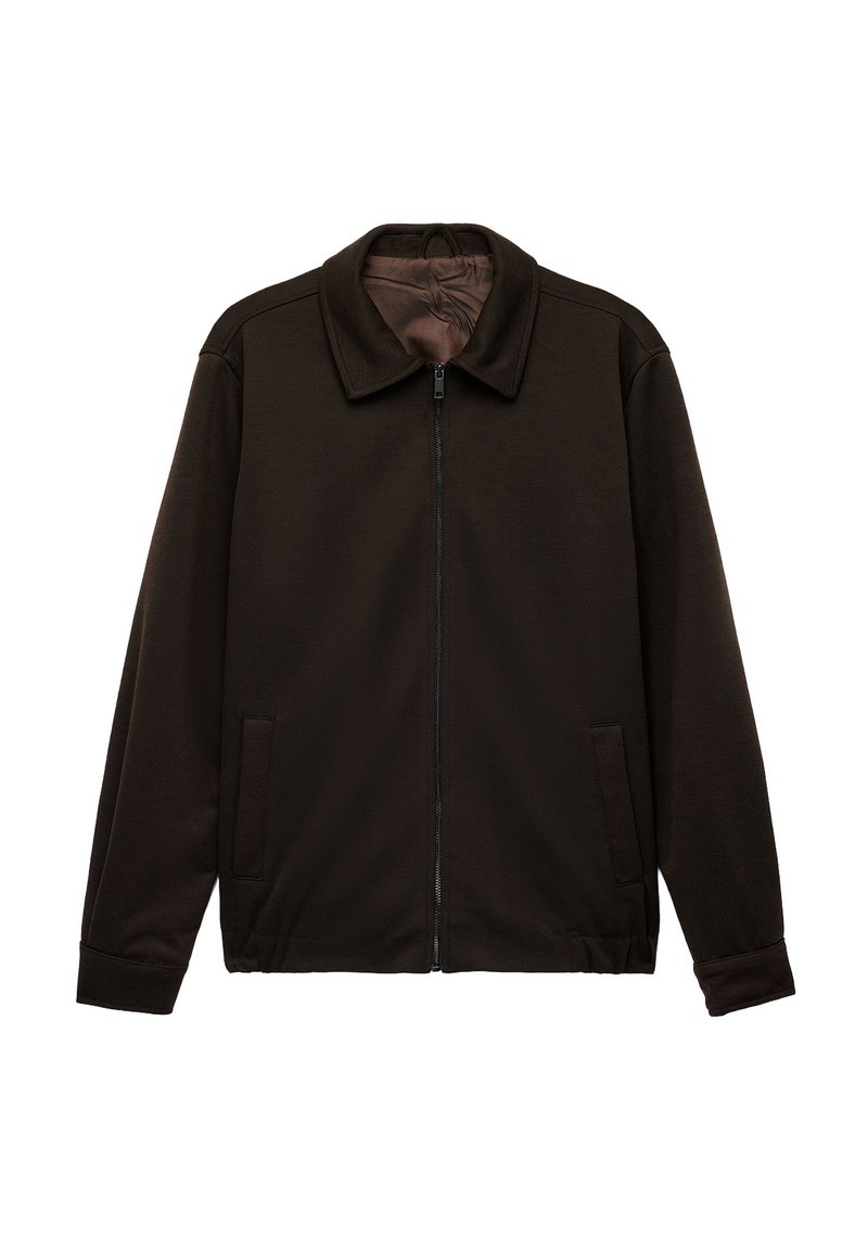 Mørkebrune zip-up jakke med flad krave, to sidelommer og manchetter. Lavet af et glat stof med et minimalistisk design.