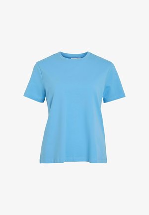 Gaiši zils kokvilnas T-krekls ar klasisku apaļu apkakli un īsām piedurknēm. Audums ir gluds un valkājumā brīvs.