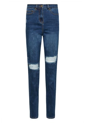 Jeans in denim blu scuro con dettagli strappati alle ginocchia, vestibilità dritta, cinque tasche e chiusura con bottone. Texture vissuta con cuciture a contrasto.