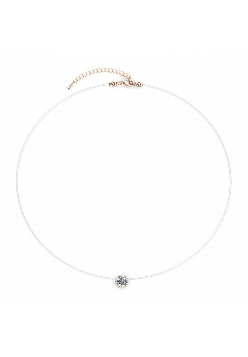 Collana a girocollo in filo d'argento con pendente in cristallo trasparente, dotata di una delicata catena in oro rosa per la regolazione della lunghezza sul retro.