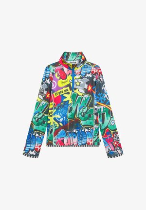 Veste zippée multicolore présentant un motif graffiti avec des formes et des textes vibrants. Fabriquée dans un matériau lisse et flexible avec un col haut.