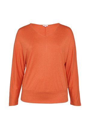 Oranges Langarm-Oberteil mit V-Ausschnitt, entspannter Passform und geradem Saum. Weiche Textur und minimale Nähte für ein elegantes Erscheinungsbild.