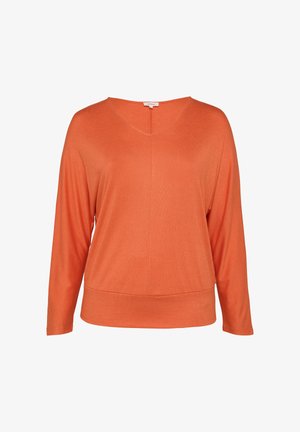 Oranges Langarm-Oberteil mit V-Ausschnitt, entspannter Passform und geradem Saum. Weiche Textur und minimale Nähte für ein elegantes Erscheinungsbild.