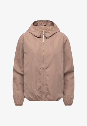 Lekka kurtka z kapturem w stonowanym beżowym kolorze, z pełnym zamkiem z przodu, elastycznymi mankietami i luźnym krojem. Gładka, matowa faktura.