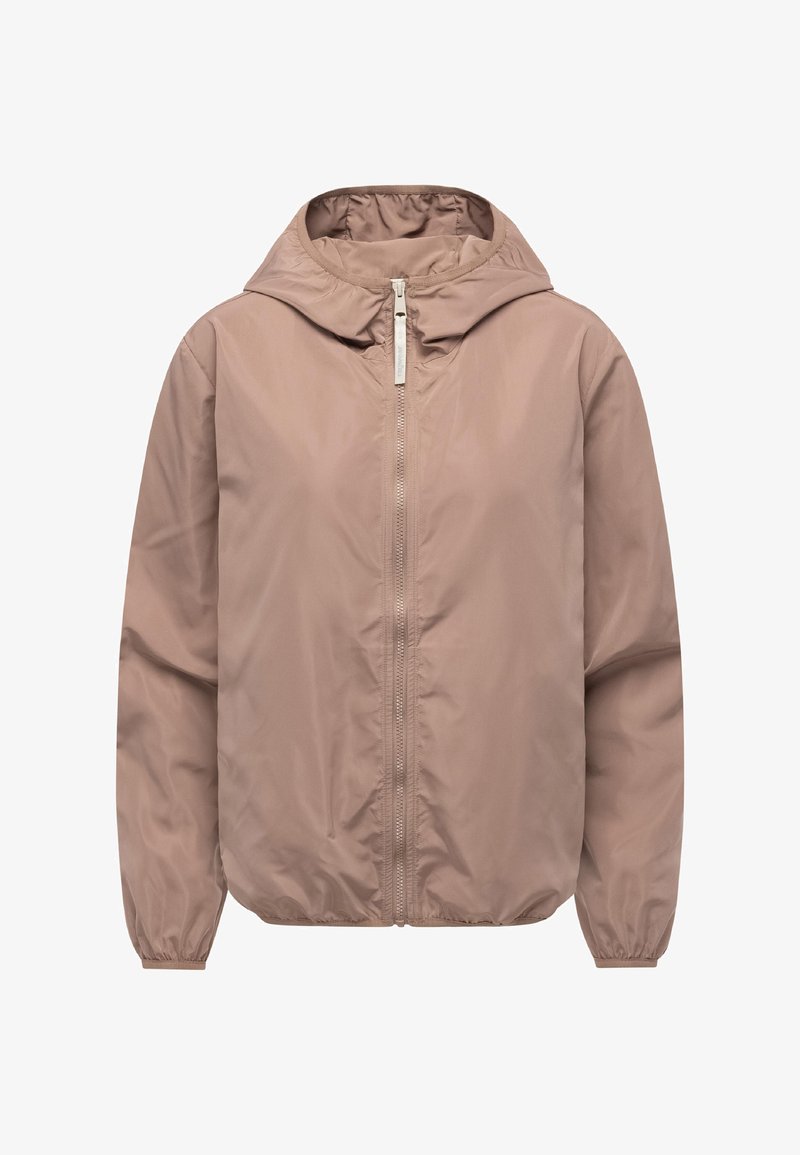 Lekka kurtka z kapturem w stonowanym beżowym kolorze, z pełnym zamkiem z przodu, elastycznymi mankietami i luźnym krojem. Gładka, matowa faktura.