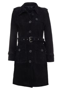 Zwarte suède trenchcoat met knoopsluiting, ceintuur in de taille, klepzakken, epauletten en lange mouwen.
