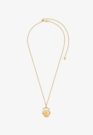 Kuldne kett-kaelakee ovaalse medaljoniga, millel on graveeritud täht "S" ja väikeste tähtede detailid, reguleeritava luku jaotusega.