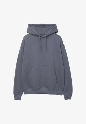 Šedá mikina s kapucňou a predným vreckom, vyrobená z mäkkého materiálu. Obsahuje nastaviteľné šnúrky a rebrované manžety a lem.
