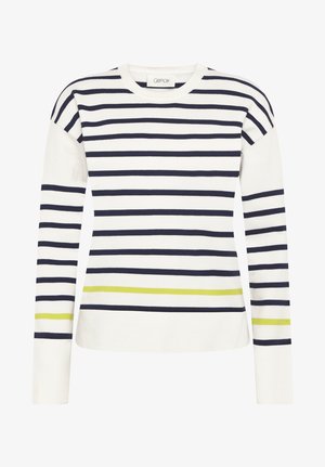 Pull blanc à manches longues avec des rayures horizontales bleu marine et deux fines rayures jaunes près du bas et des poignets.