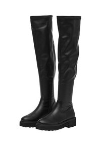 Bottes noires montantes en cuir lisse avec une semelle épaisse, dotées d'une fermeture éclair sur le côté et d'une tige ajustée.