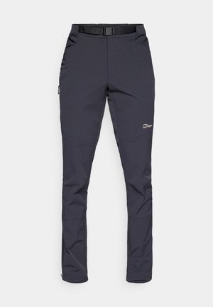 Water-resistant pants in dark gray, made from durable fabric. Features include a belt, side pockets, and zippered ankle openings.
