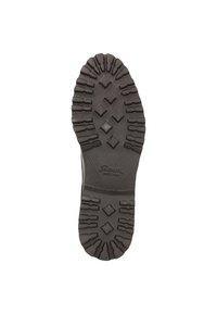 Semelle de chaussure en caoutchouc noir texturé présentant des motifs en losange et des rainures profondes, améliorant l'adhérence et la durabilité pour une utilisation en extérieur.