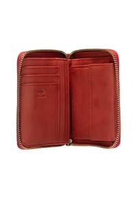 Red leather wallet with a gold zipper, featuring multiple card slots and compartments, marked with "RFID Safe" inside.