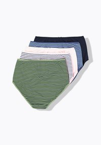 Fyra par randiga kalsonger i grönt, marinblått, rosa och ljusblått. Varje par har en elastisk midjeband och olika bredd på ränderna.