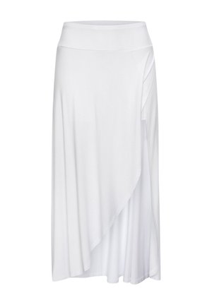 Weißer Midirock mit asymmetrischem Wickeldesign und breitem Bund, aus leichtem, fließendem Stoff gefertigt.