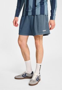 Herrarnas sportklädsel med mörkblå meshshorts, en randig långärmad blå tröja och grå sneakers med marinblå detaljer och bruna sulor.