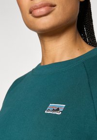 Žalsvas džemperis su apvalia iškirpte ir raglano rankovėmis, su mažyliu išsiuvinėtu „Patagonia“ logotipu mėlynos, raudonos ir juodos spalvos.