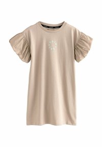 Beige t-shirt med kort ärm och volangärmar, med en turkos cirkulär grafik som har texten "ALLSAINTS LONDON" i mitten.