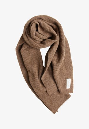 Brun strikket tørklæde lavet af blød uld, med et struktureret mønster. Inkluderer et lille mærke med "rethinkit" på den ene side.