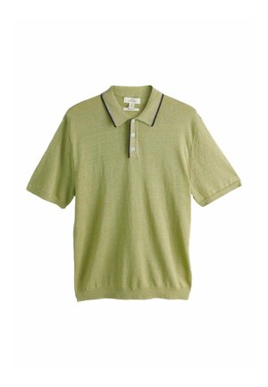 Világoszöld rövid ujjú galléros póló bordázott szegéllyel, három fehér gombbal és sötét szegélyű gallérral.