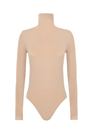 Nøgen langærmet bodysuit med høj mock neck, lavet af blødt, let materiale; har et tætsiddende design og trusseudskæring.