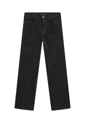 Zwarte corduroy broek met wijde pijpen, featuring een hoge taille, voorzakken en een knoopsluiting, met verticale ribbels overal.