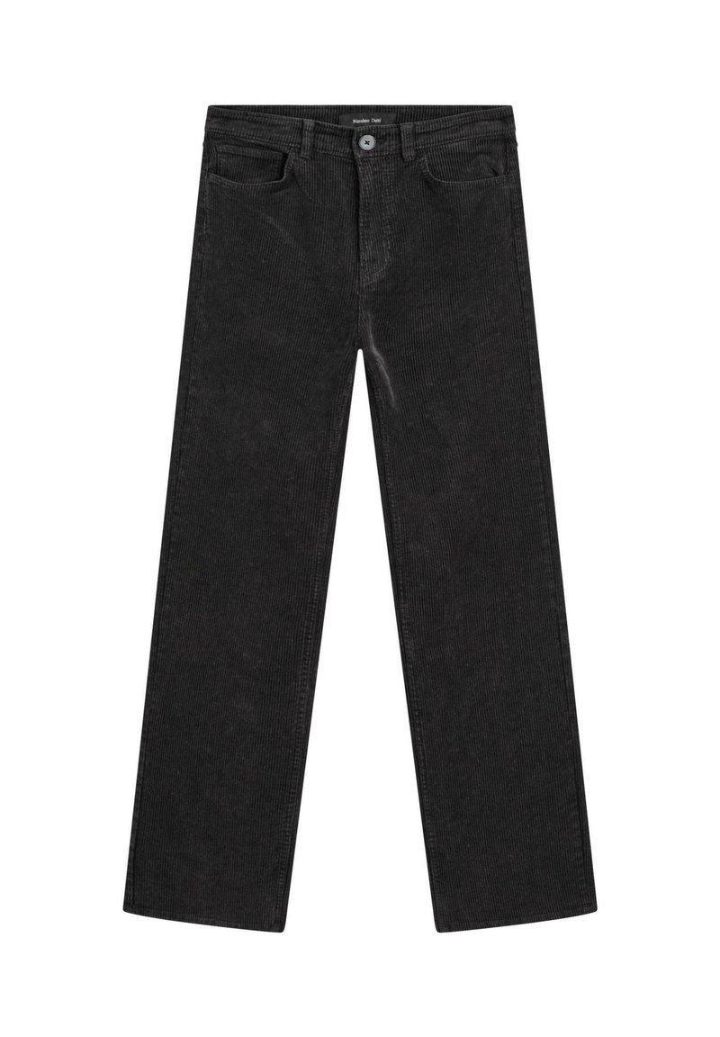 Zwarte corduroy broek met wijde pijpen, featuring een hoge taille, voorzakken en een knoopsluiting, met verticale ribbels overal.