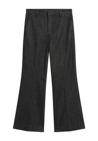Dark gray wide-leg trousers, made of a textured denim fabric. Features front pockets and a classic waistband. Flared hem design.