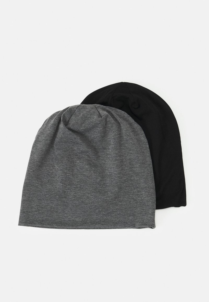 Two beanies: one solid black and one heather gray, made of soft, stretchy fabric with a gathered top detailing for a snug fit.