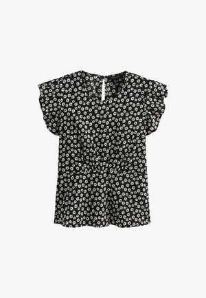Zwarte blouse met wit bloemenpatroon, korte gerimpelde mouwen, gathering bij de taille en een sleufdetails aan de achterkant. Zachte stoftextuur.