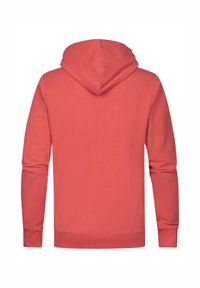 Felpa corallo con cappuccio regolabile, maniche lunghe e polsini e orlo a costine. Realizzata in morbido tessuto testurizzato, presenta un design posteriore senza cuciture.