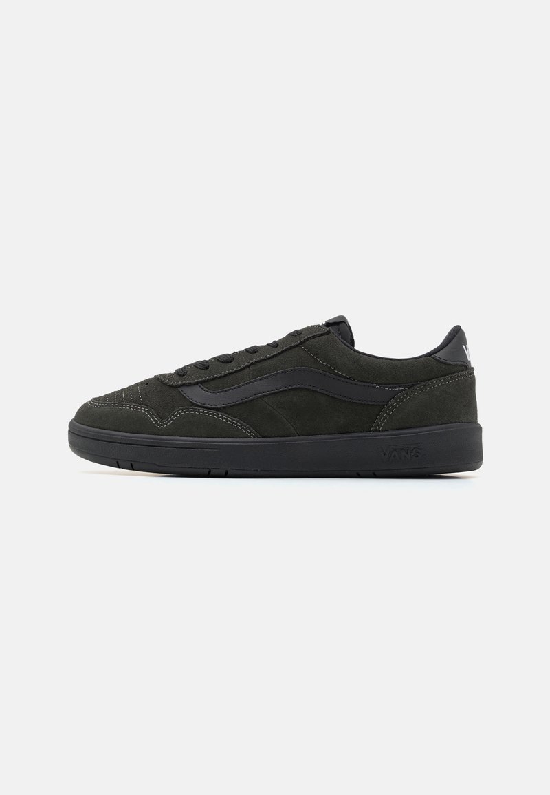 Black suede sneakers with a low profile, featuring a rubber sole, contrasting side stripe, and stitched accents, designed for comfort and style.