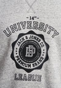 Felpa grigia con un logo rotondo nero che riporta la scritta "Jack & Jones Co." e "University League." Tessuto textured con una finitura morbida.