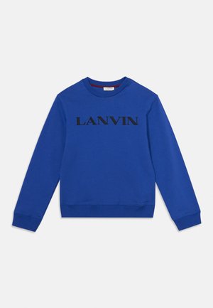 Sweat-shirt bleu à manches longues avec col rond et texte noir "LANVIN" à l'avant, poignets et bas côtelés.