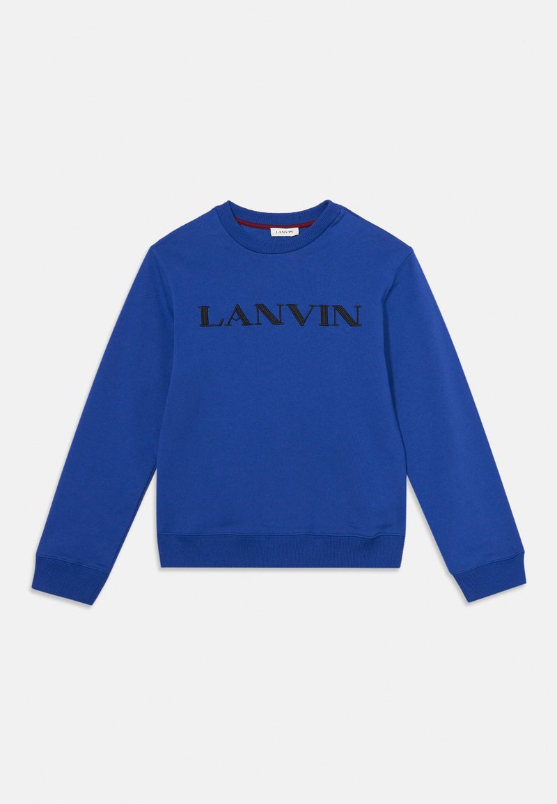 Sweat-shirt bleu à manches longues avec col rond et texte noir "LANVIN" à l'avant, poignets et bas côtelés.
